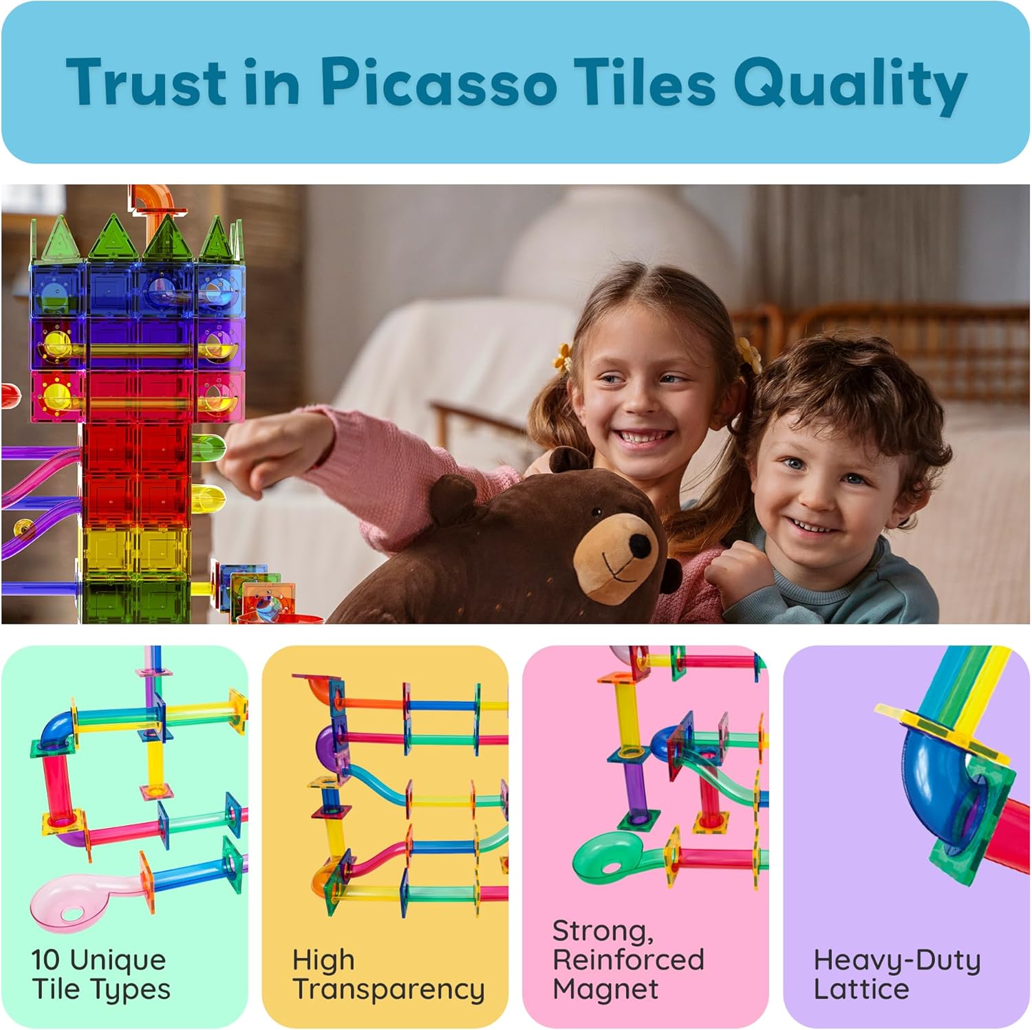 imagePicassoTiles Marble Run 100 Piece Magnetic Tile Race Track Toy Play Set STEM Building ampamp Learning Educational Magnet Construction Child Brain Development Kit Boys Girls Age 3 4 5 6 7 8 Years Old ToysPTG120