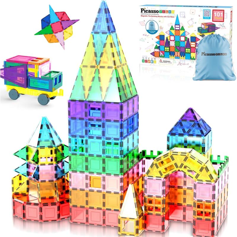 imagePicassoTiles 101pc Magnetic Tile Building Blocks with Car Base Drawstring Carry Toy Storage Bag Magnetized Block for Kids Magnet ToySet Educational STEM Learning Child Brain Development Ages 3 PC101101PC wCarBag