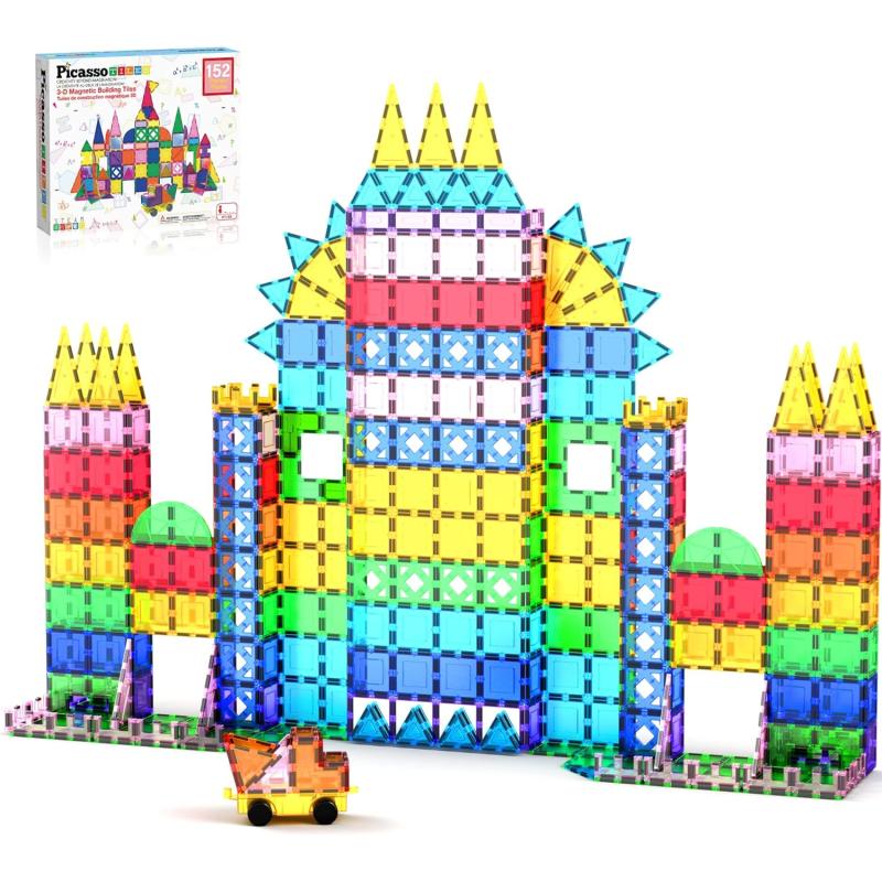 imagePicassoTiles 101pc Magnetic Tile Building Blocks with Car Base Drawstring Carry Toy Storage Bag Magnetized Block for Kids Magnet ToySet Educational STEM Learning Child Brain Development Ages 3 PC101152PC