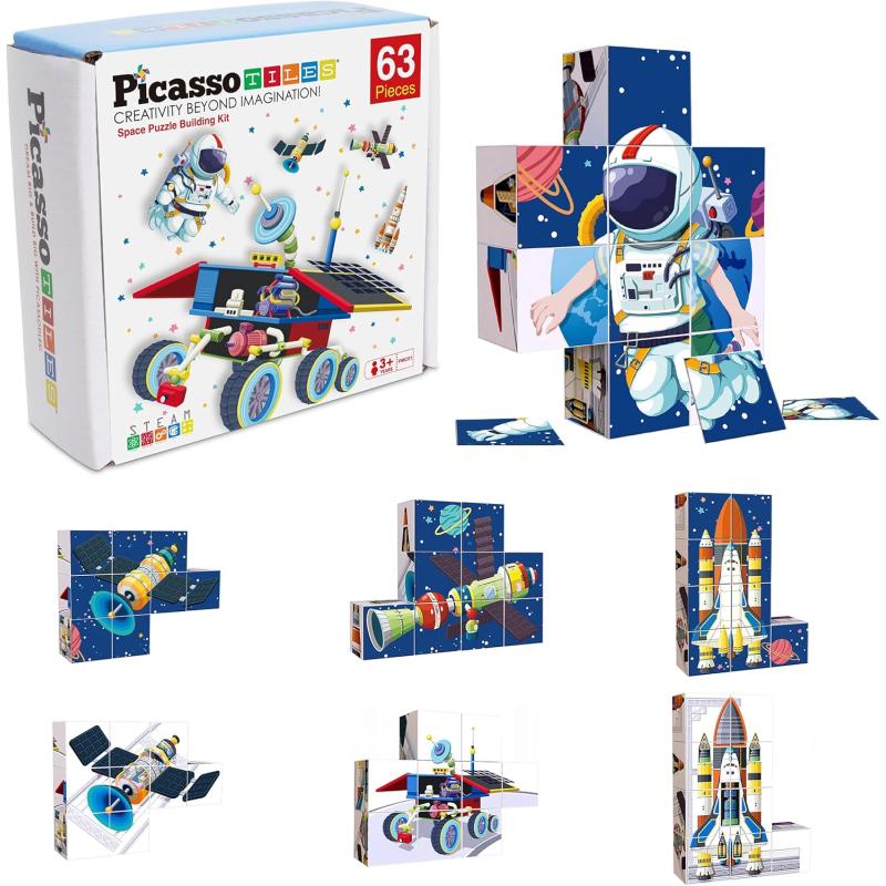 imagePicassoTiles Kids Magnetic Puzzle Cube 3D Unique Space Exploration Blocks 63pc Mix ampamp Match Cubes Sensory Toys STEAM Learning Building Block Children Construction Toy Set Stacking Magnet Creative Kit