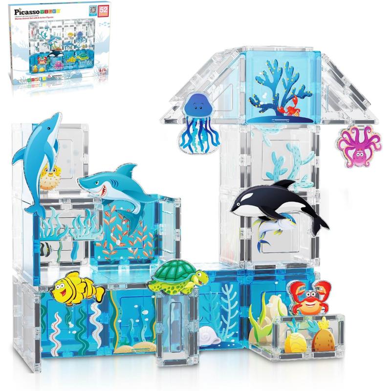 imagePicassoTiles Magnet Tiles Magnetic Building Blocks Aquarium Marine Animal Theme Set with 8 Character Action Figures Shark Crab Turtle STEM Toys Construction Preschool Toddlers Kids Boys Girls 3 PTQ15Marine Theme