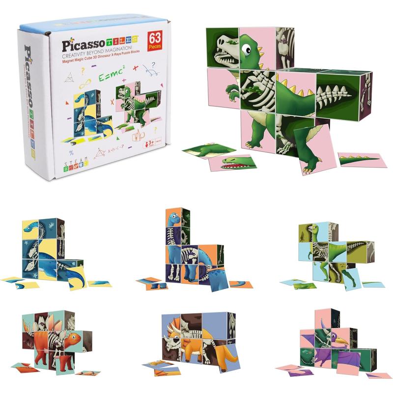 imagePicassoTiles Magnetic Puzzle Cube 3D Magic Dinosaur XRay Blocks 63 Piece Mix ampamp Match Cubes Sensory Toys STEAM Learning Building Block Children Construction Toy Set Stacking Magnet Creative Kit PMC63