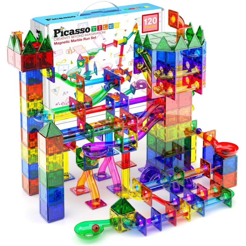 imagePicassoTiles Marble Run 100 Piece Magnetic Tile Race Track Toy Play Set STEM Building ampamp Learning Educational Magnet Construction Child Brain Development Kit Boys Girls Age 3 4 5 6 7 8 Years Old ToysPTG120