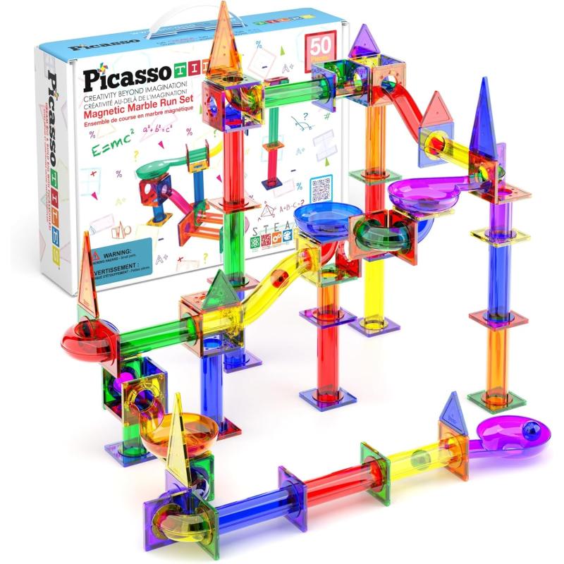 imagePicassoTiles Marble Run 100 Piece Magnetic Tile Race Track Toy Play Set STEM Building ampamp Learning Educational Magnet Construction Child Brain Development Kit Boys Girls Age 3 4 5 6 7 8 Years Old ToysPTG50