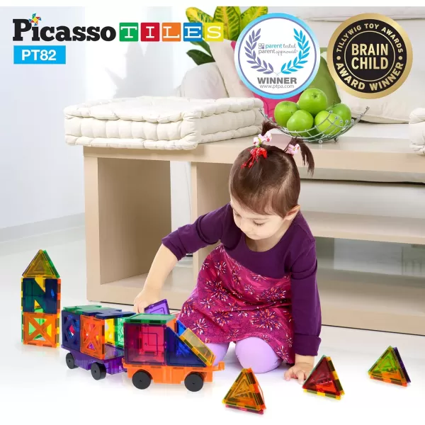 imagePicassoTiles 101pc Magnetic Tile Building Blocks with Car Base Drawstring Carry Toy Storage Bag Magnetized Block for Kids Magnet ToySet Educational STEM Learning Child Brain Development Ages 3 PC10182PC
