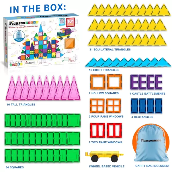 imagePicassoTiles 101pc Magnetic Tile Building Blocks with Car Base Drawstring Carry Toy Storage Bag Magnetized Block for Kids Magnet ToySet Educational STEM Learning Child Brain Development Ages 3 PC101101PC wCarBag