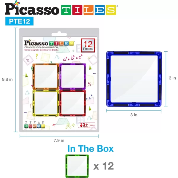 imagePicassoTiles 101pc Magnetic Tile Building Blocks with Car Base Drawstring Carry Toy Storage Bag Magnetized Block for Kids Magnet ToySet Educational STEM Learning Child Brain Development Ages 3 PC101Mirror 12PC