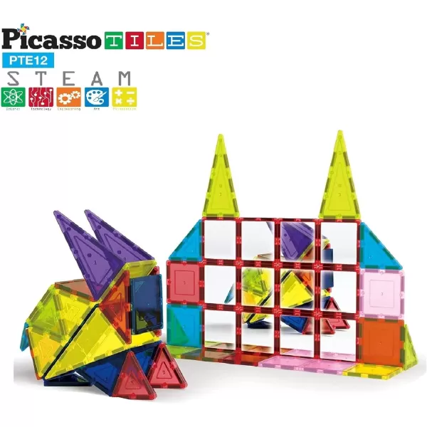 imagePicassoTiles 101pc Magnetic Tile Building Blocks with Car Base Drawstring Carry Toy Storage Bag Magnetized Block for Kids Magnet ToySet Educational STEM Learning Child Brain Development Ages 3 PC101Mirror 12PC