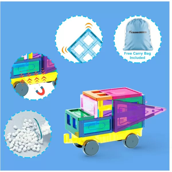 imagePicassoTiles 101pc Magnetic Tile Building Blocks with Car Base Drawstring Carry Toy Storage Bag Magnetized Block for Kids Magnet ToySet Educational STEM Learning Child Brain Development Ages 3 PC101101PC wCarBag