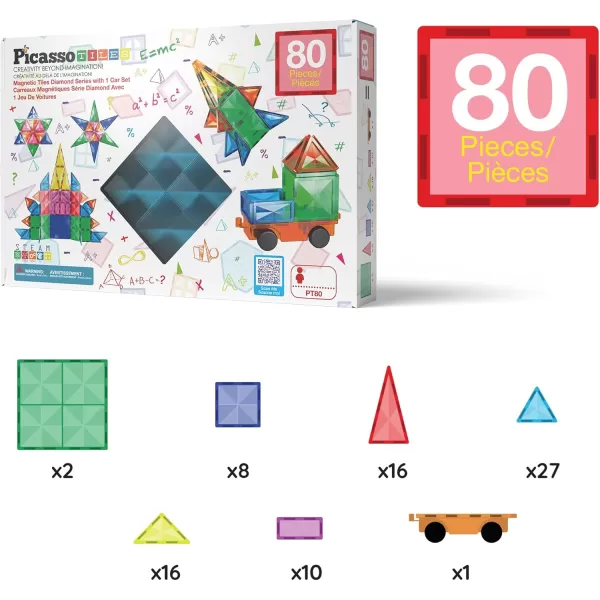 imagePicassoTiles 101pc Magnetic Tile Building Blocks with Car Base Drawstring Carry Toy Storage Bag Magnetized Block for Kids Magnet ToySet Educational STEM Learning Child Brain Development Ages 3 PC101Diamond