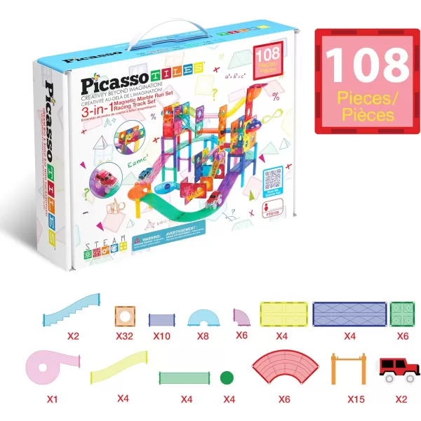 imagePicassoTiles 108pc 3in1 Marble Run Car Race Track Combo Magnetic Tiles PicassoToys Magnet Building Block Educational Construction Toy Playset STEM STEAM Learning Kit Child Brain Development PTG108