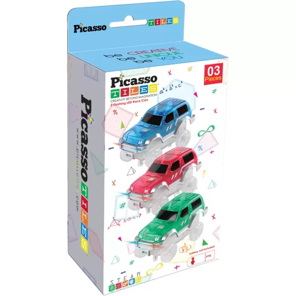 imagePicassoTiles 3 pcs Magnetic Toy Car Set Light Up LED Highly Detailed Compatible with Magnet Race Track STEM Truck Replacement Accessories Educational Building Kits for Toddlers Boys ampamp Girls Ages 3PTE06