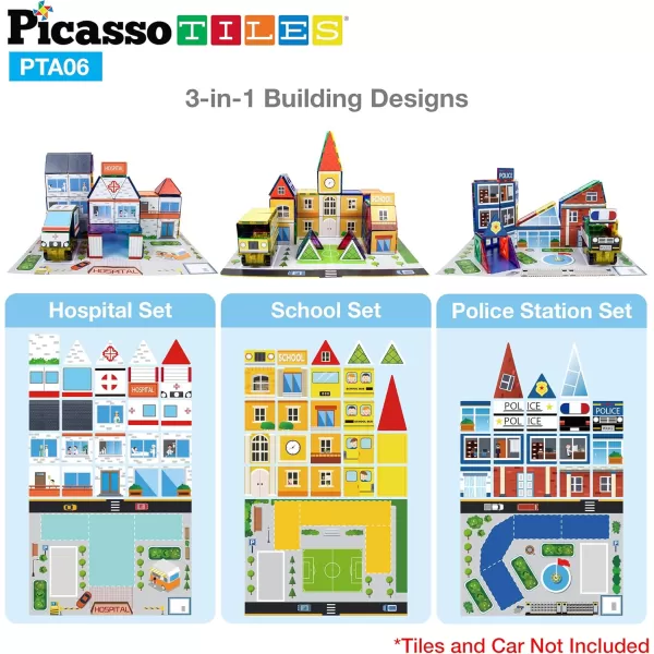 imagePicassoTiles 80pc School Hospital Police Station 3in1 Theme Magnet Self Adhesive Backing StickOn Puzzle Graphic Kit and Overlay Maps for Magnetic Building Blocks STEM Learning Construction Toy