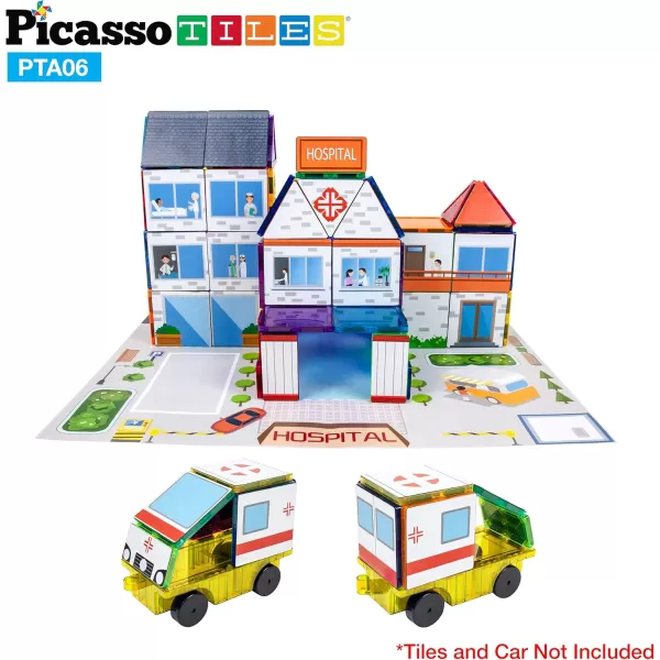 imagePicassoTiles 80pc School Hospital Police Station 3in1 Theme Magnet Self Adhesive Backing StickOn Puzzle Graphic Kit and Overlay Maps for Magnetic Building Blocks STEM Learning Construction Toy