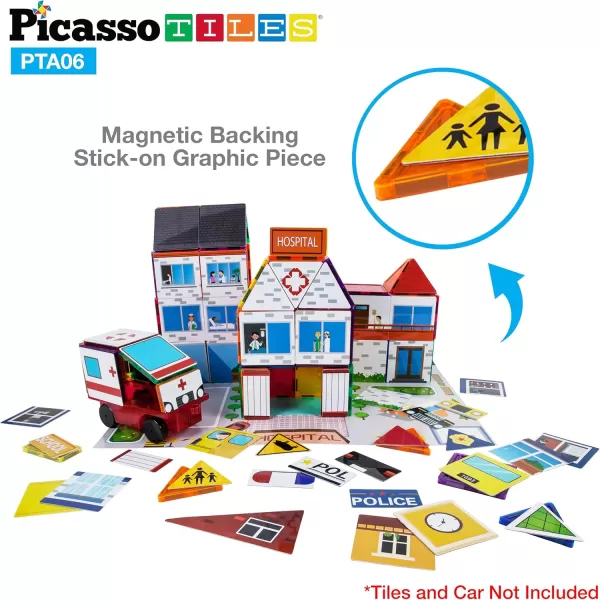 imagePicassoTiles 80pc School Hospital Police Station 3in1 Theme Magnet Self Adhesive Backing StickOn Puzzle Graphic Kit and Overlay Maps for Magnetic Building Blocks STEM Learning Construction Toy