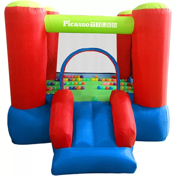 imagePicassoTiles KC106 8x7 Foot Junior Inflatable Bouncer Kid Park Jumping Bouncing House Jump Slide Playhouse w 50 Pit Balls 3 Sides Mesh Protection and HeavyDuty GFCI ETL Certified 385W Blower