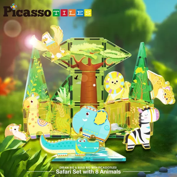 imagePicassoTiles Magnet Tile Building Blocks Safari Themed Playset with 8 Animal Character Action Figures Magnetic Tiles STEM Learning Imaginative Play Toy Construction Set Preschool Toddler Ages 3 PTQ22