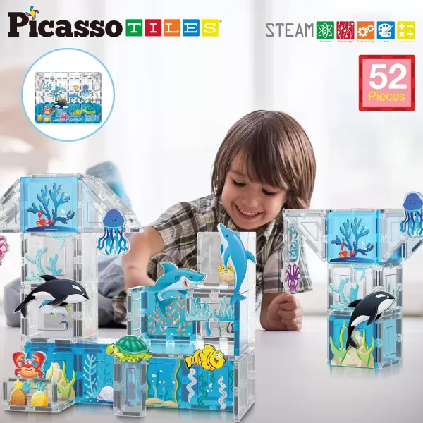imagePicassoTiles Magnet Tiles Magnetic Building Blocks Aquarium Marine Animal Theme Set with 8 Character Action Figures Shark Crab Turtle STEM Toys Construction Preschool Toddlers Kids Boys Girls 3 PTQ15Marine Theme