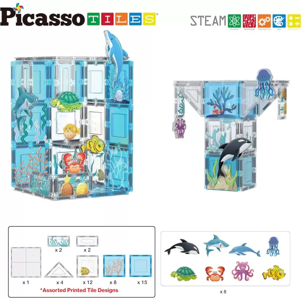 imagePicassoTiles Magnet Tiles Magnetic Building Blocks Aquarium Marine Animal Theme Set with 8 Character Action Figures Shark Crab Turtle STEM Toys Construction Preschool Toddlers Kids Boys Girls 3 PTQ15Marine Theme