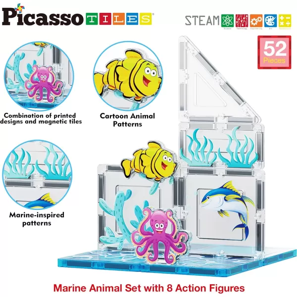 imagePicassoTiles Magnet Tiles Magnetic Building Blocks Aquarium Marine Animal Theme Set with 8 Character Action Figures Shark Crab Turtle STEM Toys Construction Preschool Toddlers Kids Boys Girls 3 PTQ15Marine Theme