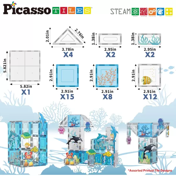 imagePicassoTiles Magnet Tiles Magnetic Building Blocks Aquarium Marine Animal Theme Set with 8 Character Action Figures Shark Crab Turtle STEM Toys Construction Preschool Toddlers Kids Boys Girls 3 PTQ15Marine Theme