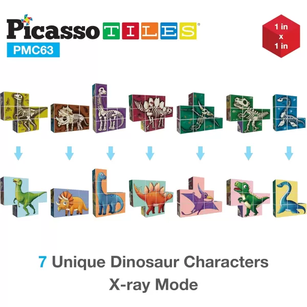 imagePicassoTiles Magnetic Puzzle Cube 3D Magic Dinosaur XRay Blocks 63 Piece Mix ampamp Match Cubes Sensory Toys STEAM Learning Building Block Children Construction Toy Set Stacking Magnet Creative Kit PMC63