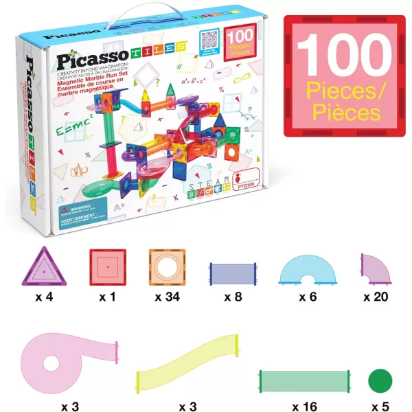 imagePicassoTiles Marble Run 100 Piece Magnetic Tile Race Track Toy Play Set STEM Building ampamp Learning Educational Magnet Construction Child Brain Development Kit Boys Girls Age 3 4 5 6 7 8 Years Old ToysPTG100