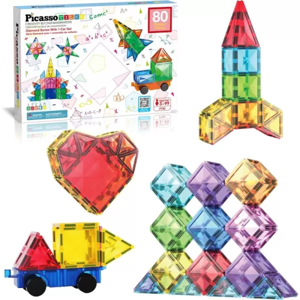 imagePicassoTiles 101pc Magnetic Tile Building Blocks with Car Base Drawstring Carry Toy Storage Bag Magnetized Block for Kids Magnet ToySet Educational STEM Learning Child Brain Development Ages 3 PC101Diamond