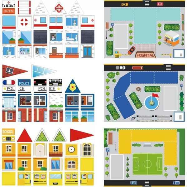 imagePicassoTiles 80pc School Hospital Police Station 3in1 Theme Magnet Self Adhesive Backing StickOn Puzzle Graphic Kit and Overlay Maps for Magnetic Building Blocks STEM Learning Construction Toy