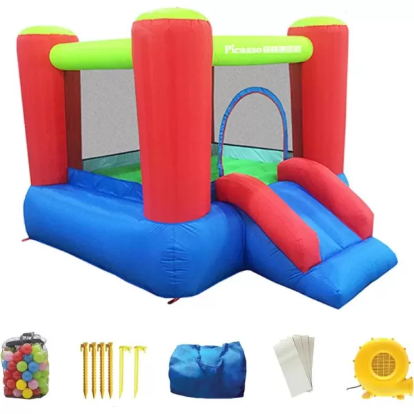 imagePicassoTiles KC106 8x7 Foot Junior Inflatable Bouncer Kid Park Jumping Bouncing House Jump Slide Playhouse w 50 Pit Balls 3 Sides Mesh Protection and HeavyDuty GFCI ETL Certified 385W Blower