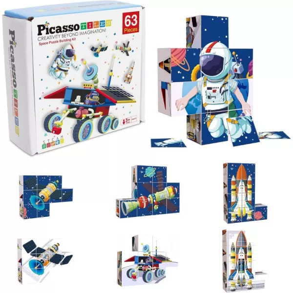 imagePicassoTiles Kids Magnetic Puzzle Cube 3D Unique Space Exploration Blocks 63pc Mix ampamp Match Cubes Sensory Toys STEAM Learning Building Block Children Construction Toy Set Stacking Magnet Creative Kit