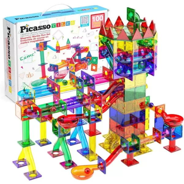 imagePicassoTiles Marble Run 100 Piece Magnetic Tile Race Track Toy Play Set STEM Building ampamp Learning Educational Magnet Construction Child Brain Development Kit Boys Girls Age 3 4 5 6 7 8 Years Old ToysPTG100