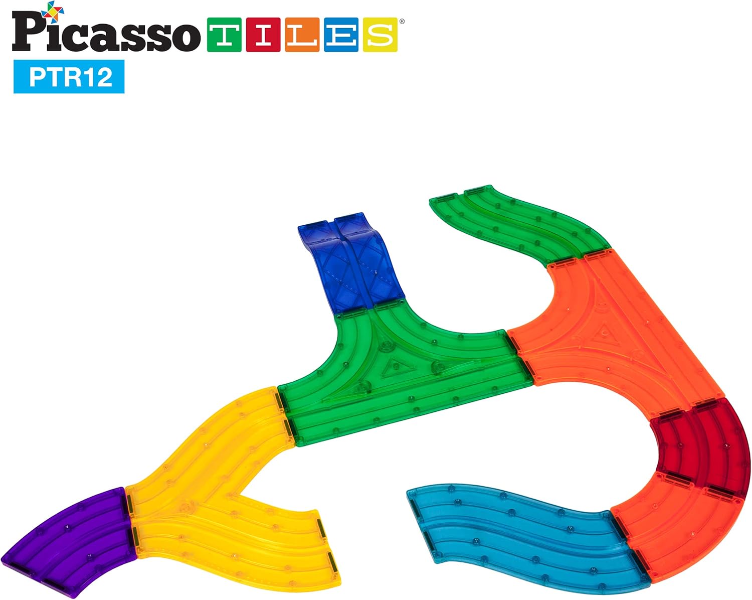 imagePicassoTiles 128 Piece Magnetic Race Track Toy Car Tracks Set Toddlers Magnet Building Blocks Tiles Sensory Toys for Kids Include 3 LED Cars STEM Engage in Thrilling Races Age 3 Year Old Boys GirlsPTR12