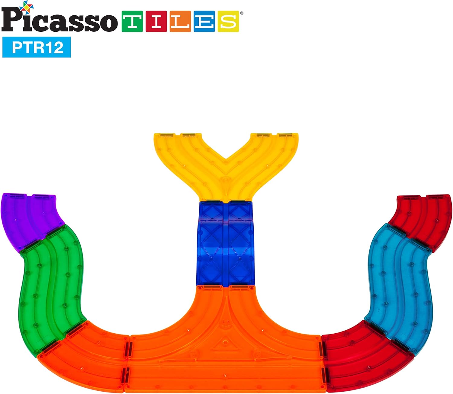 imagePicassoTiles 128 Piece Magnetic Race Track Toy Car Tracks Set Toddlers Magnet Building Blocks Tiles Sensory Toys for Kids Include 3 LED Cars STEM Engage in Thrilling Races Age 3 Year Old Boys GirlsPTR12