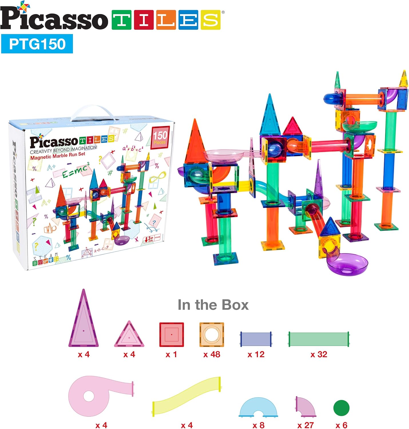 imagePicassoTiles Marble Run Magnetic Tile Race Track Toy Play Set STEM Building ampamp Learning Early Educational Child Magnet Construction Block Creative Kit Boys ampamp Girls Age 3 Years Old Toys PTG40150 Piece