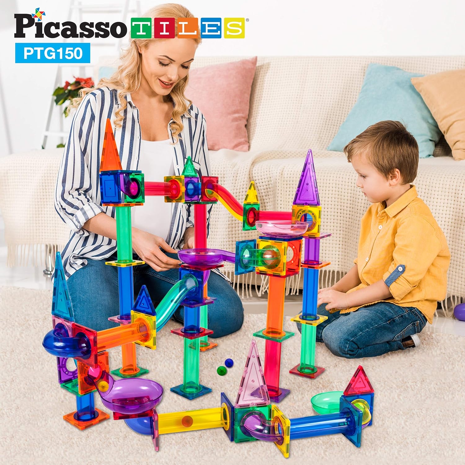 imagePicassoTiles Marble Run Magnetic Tile Race Track Toy Play Set STEM Building ampamp Learning Early Educational Child Magnet Construction Block Creative Kit Boys ampamp Girls Age 3 Years Old Toys PTG40150 Piece