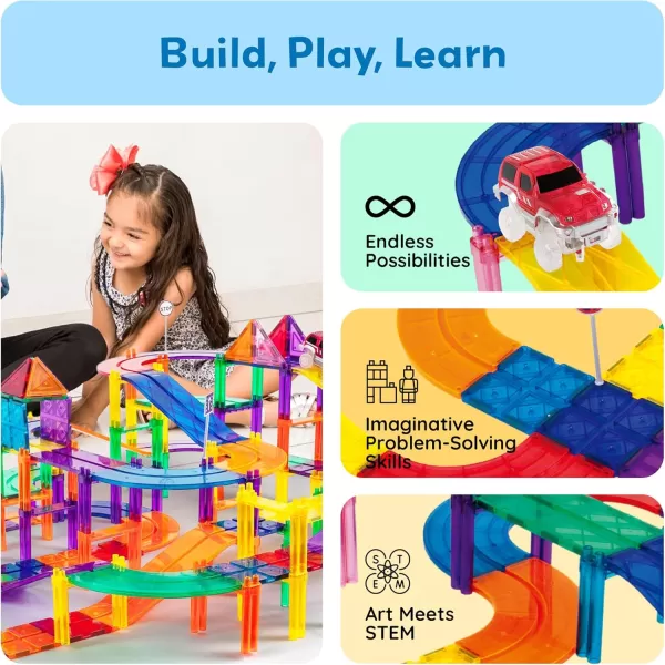 imagePicassoTiles 128 Piece Magnetic Race Track Toy Car Tracks Set Toddlers Magnet Building Blocks Tiles Sensory Toys for Kids Include 3 LED Cars STEM Engage in Thrilling Races Age 3 Year Old Boys GirlsPTR128