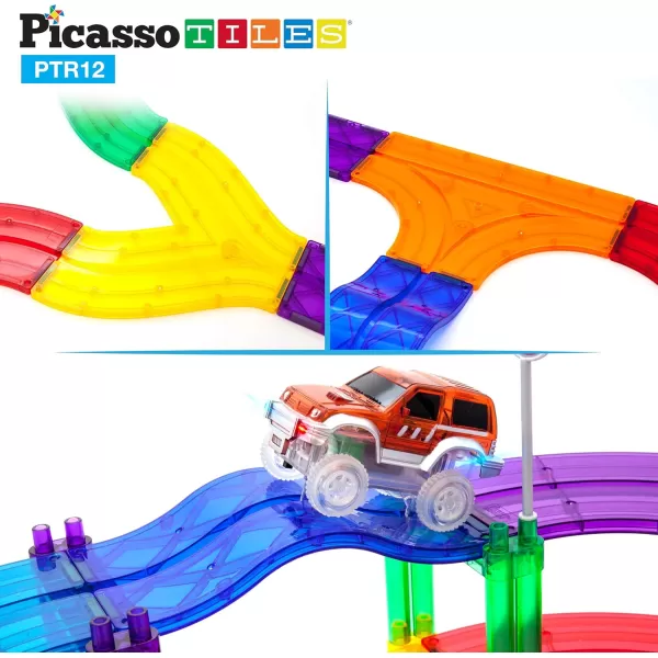 imagePicassoTiles 128 Piece Magnetic Race Track Toy Car Tracks Set Toddlers Magnet Building Blocks Tiles Sensory Toys for Kids Include 3 LED Cars STEM Engage in Thrilling Races Age 3 Year Old Boys GirlsPTR12