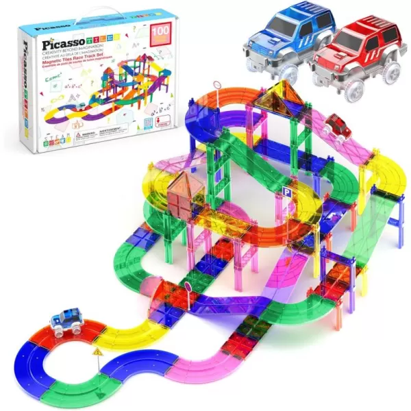 imagePicassoTiles 128 Piece Magnetic Race Track Toy Car Tracks Set Toddlers Magnet Building Blocks Tiles Sensory Toys for Kids Include 3 LED Cars STEM Engage in Thrilling Races Age 3 Year Old Boys GirlsPTR100