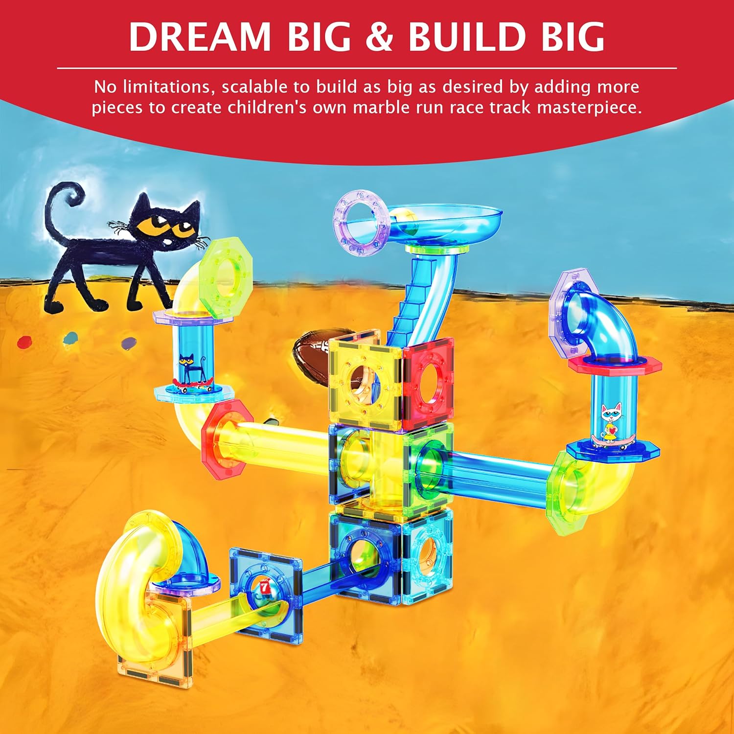 imagePicassoTiles 62 Piece Magnetic Marble Run Pete The Cat Marble Maze Marbles for Kids Race Track Toy Set Sensory Toys for Toddlers STEM Education Magnet Building Blocks Construction Tiles Boys Girls 3