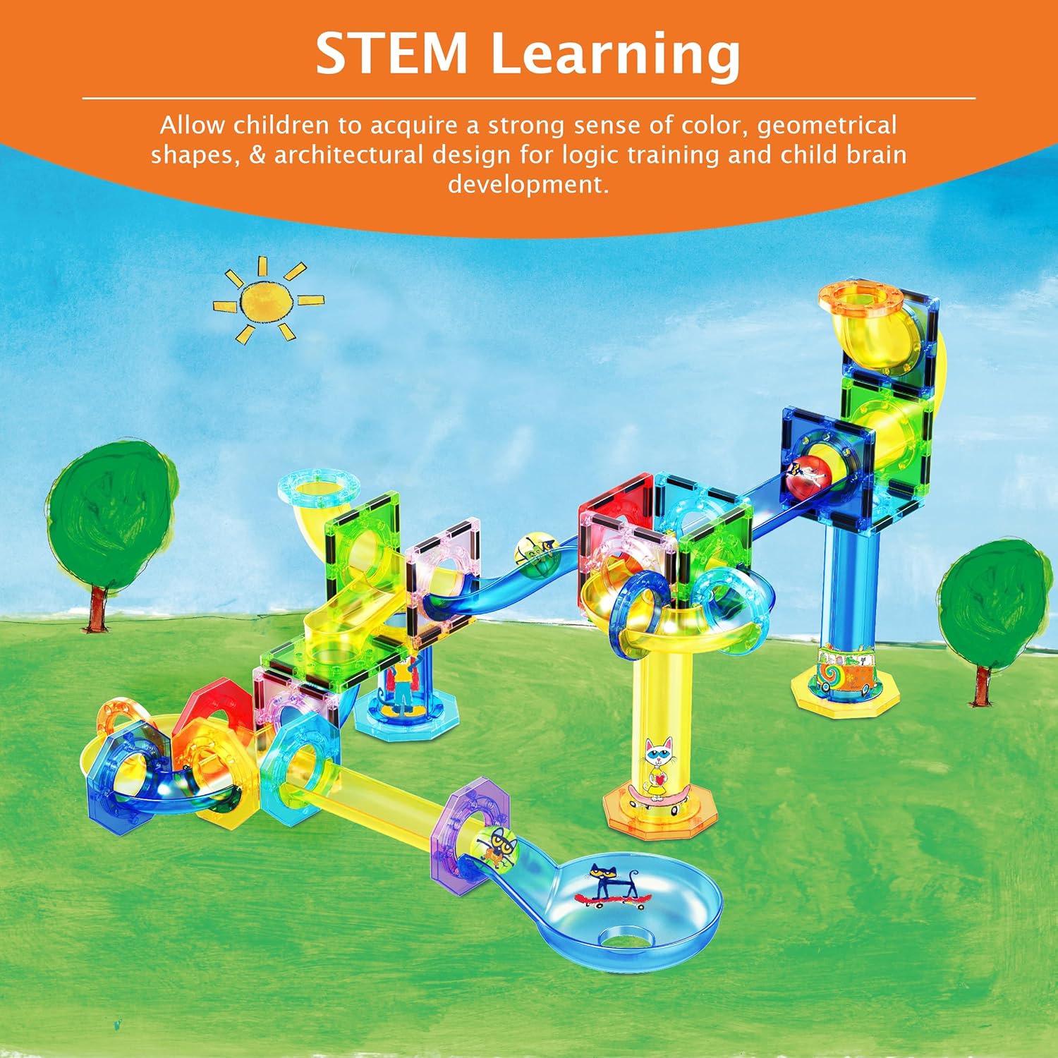 imagePicassoTiles 62 Piece Magnetic Marble Run Pete The Cat Marble Maze Marbles for Kids Race Track Toy Set Sensory Toys for Toddlers STEM Education Magnet Building Blocks Construction Tiles Boys Girls 3