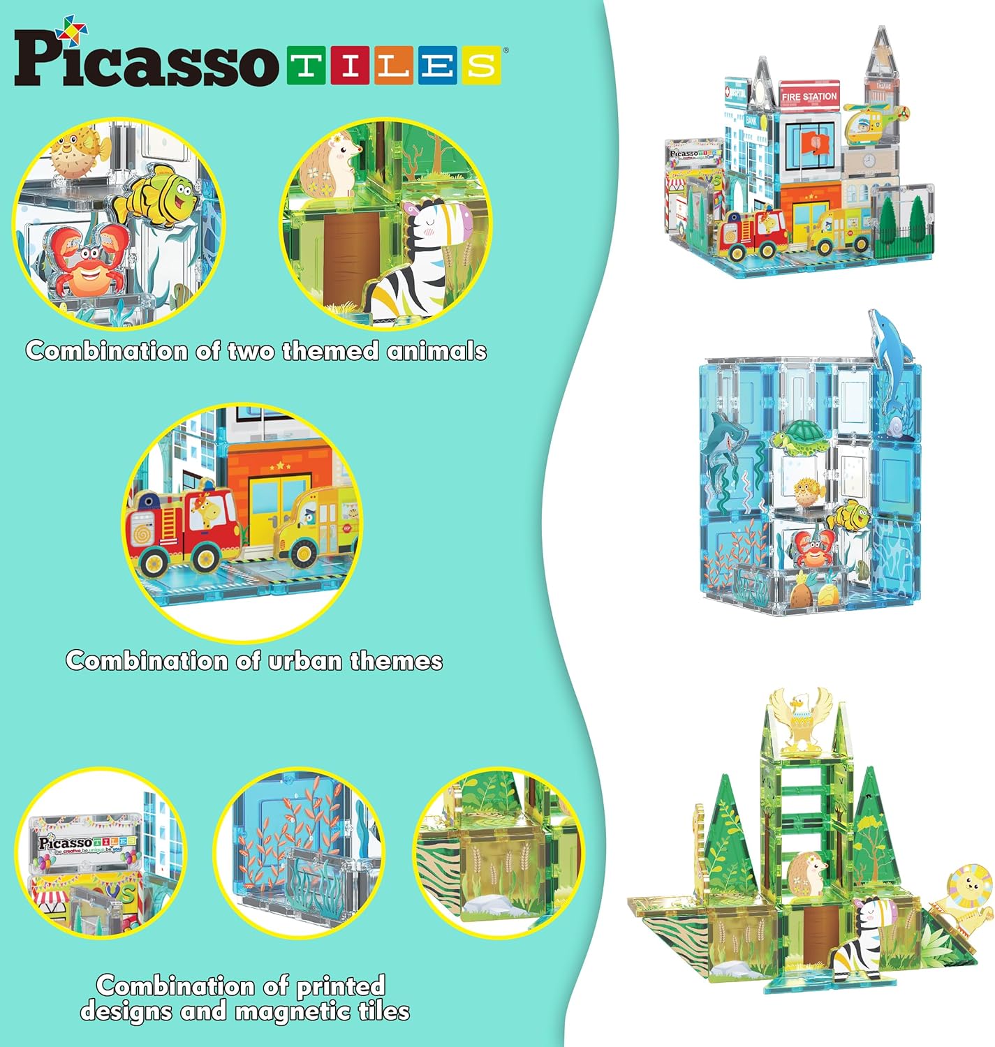 imagePicassoTiles 700 piece Marble Run Magnetic Tiles and Brick Combo Magnet Tile Building Blocks Construction Toddlers Toys Set with Storage Bin ampamp Ideabook Character Action Figures STEM Kids Ages 3 PB700150pc 3in1