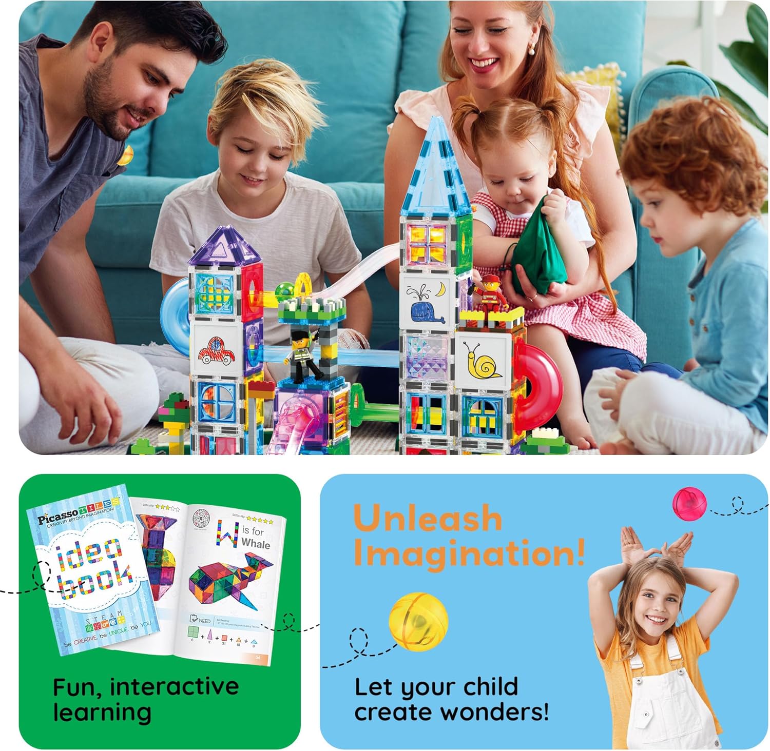 imagePicassoTiles 700 piece Marble Run Magnetic Tiles and Brick Combo Magnet Tile Building Blocks Construction Toddlers Toys Set with Storage Bin ampamp Ideabook Character Action Figures STEM Kids Ages 3 PB700700pc combo