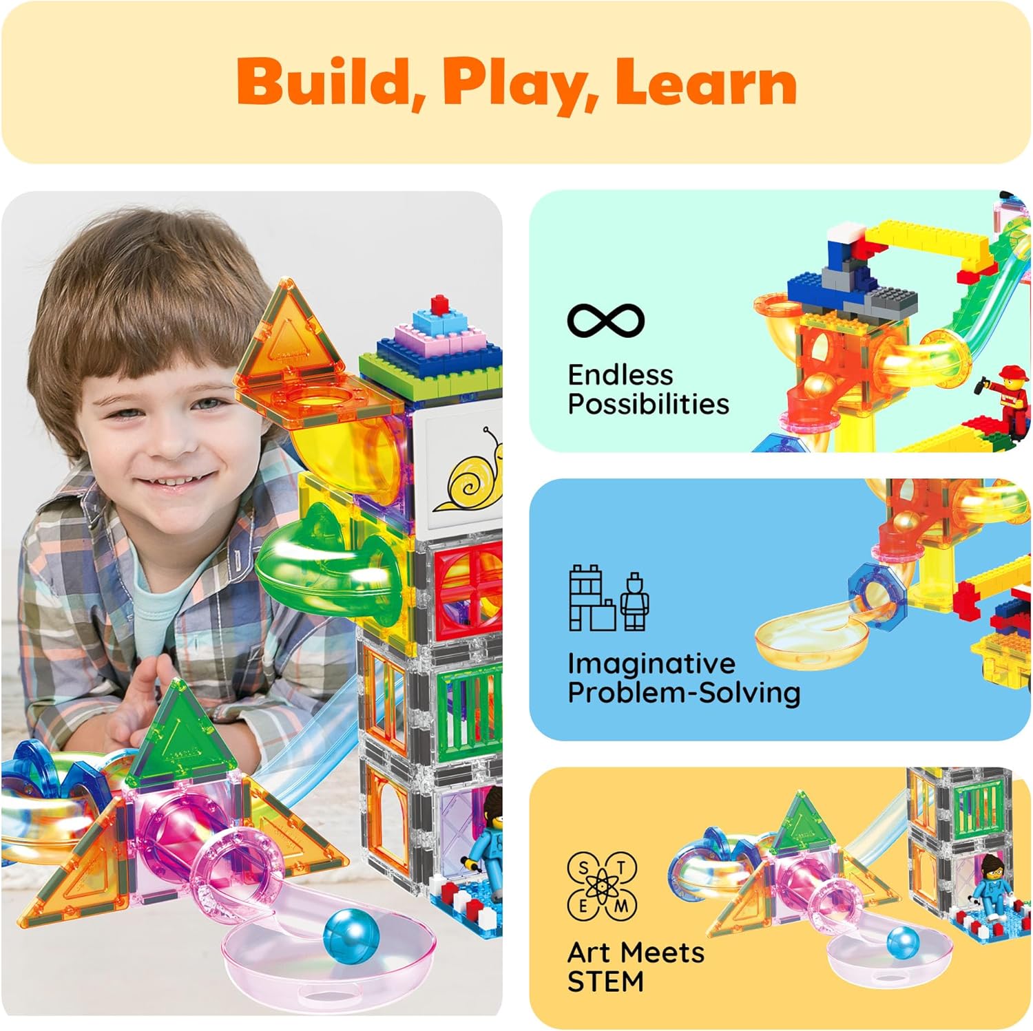 imagePicassoTiles 700 piece Marble Run Magnetic Tiles and Brick Combo Magnet Tile Building Blocks Construction Toddlers Toys Set with Storage Bin ampamp Ideabook Character Action Figures STEM Kids Ages 3 PB700700pc combo