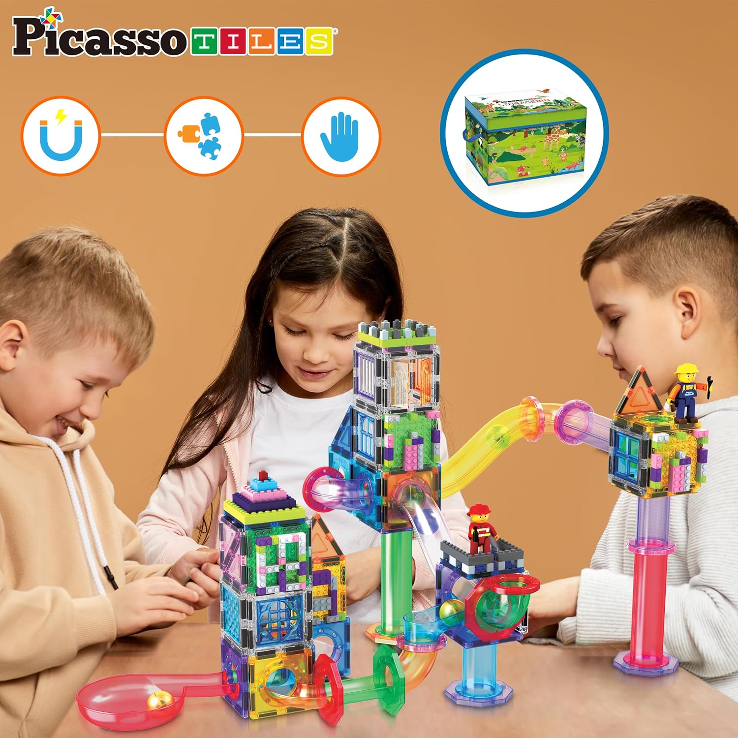 imagePicassoTiles 700 piece Marble Run Magnetic Tiles and Brick Combo Magnet Tile Building Blocks Construction Toddlers Toys Set with Storage Bin ampamp Ideabook Character Action Figures STEM Kids Ages 3 PB700650pc combo