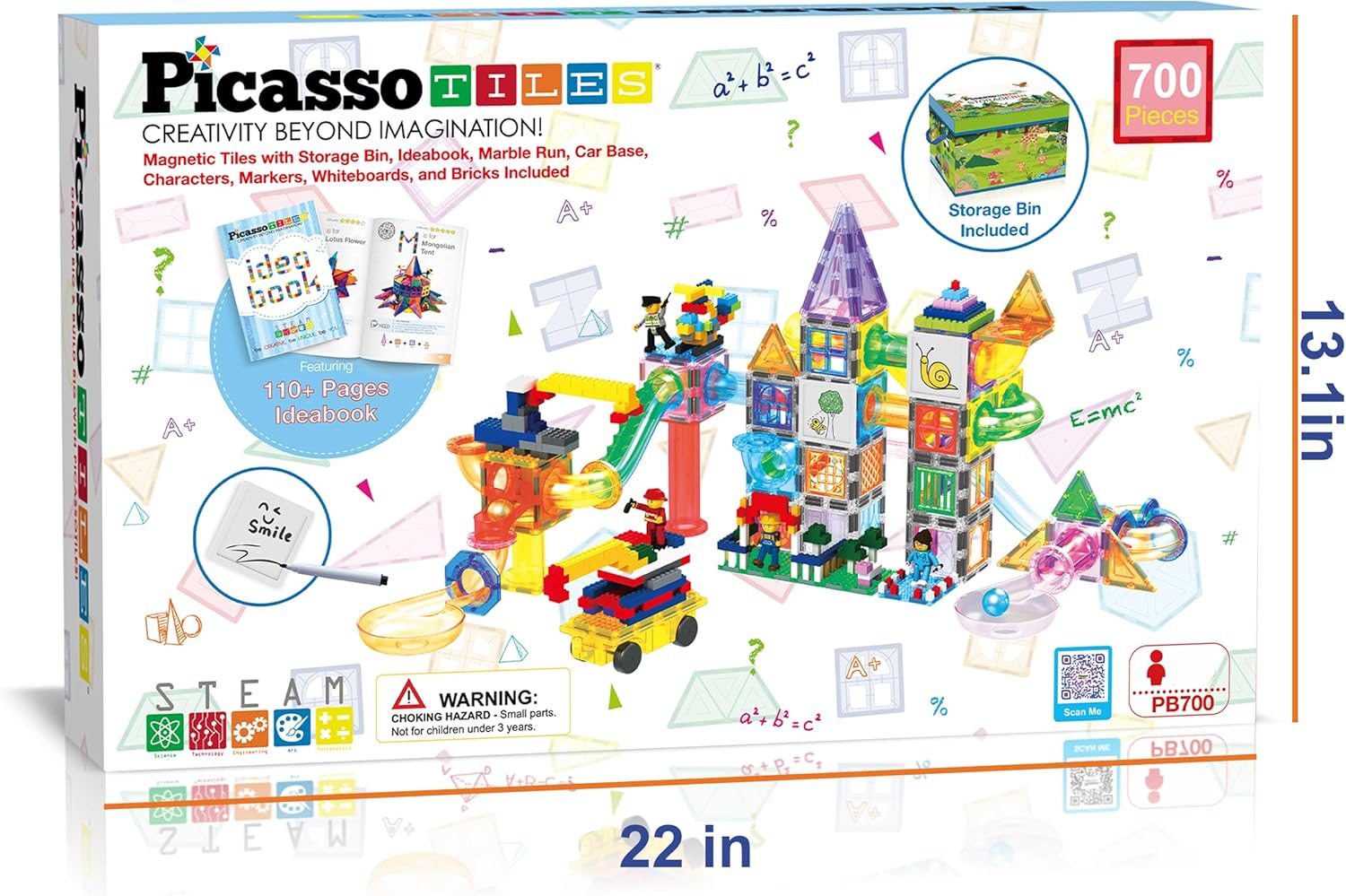 imagePicassoTiles 700 piece Marble Run Magnetic Tiles and Brick Combo Magnet Tile Building Blocks Construction Toddlers Toys Set with Storage Bin ampamp Ideabook Character Action Figures STEM Kids Ages 3 PB700700pc combo