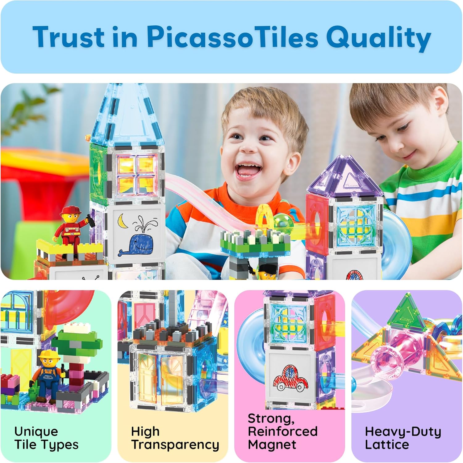 imagePicassoTiles 700 piece Marble Run Magnetic Tiles and Brick Combo Magnet Tile Building Blocks Construction Toddlers Toys Set with Storage Bin ampamp Ideabook Character Action Figures STEM Kids Ages 3 PB700700pc combo