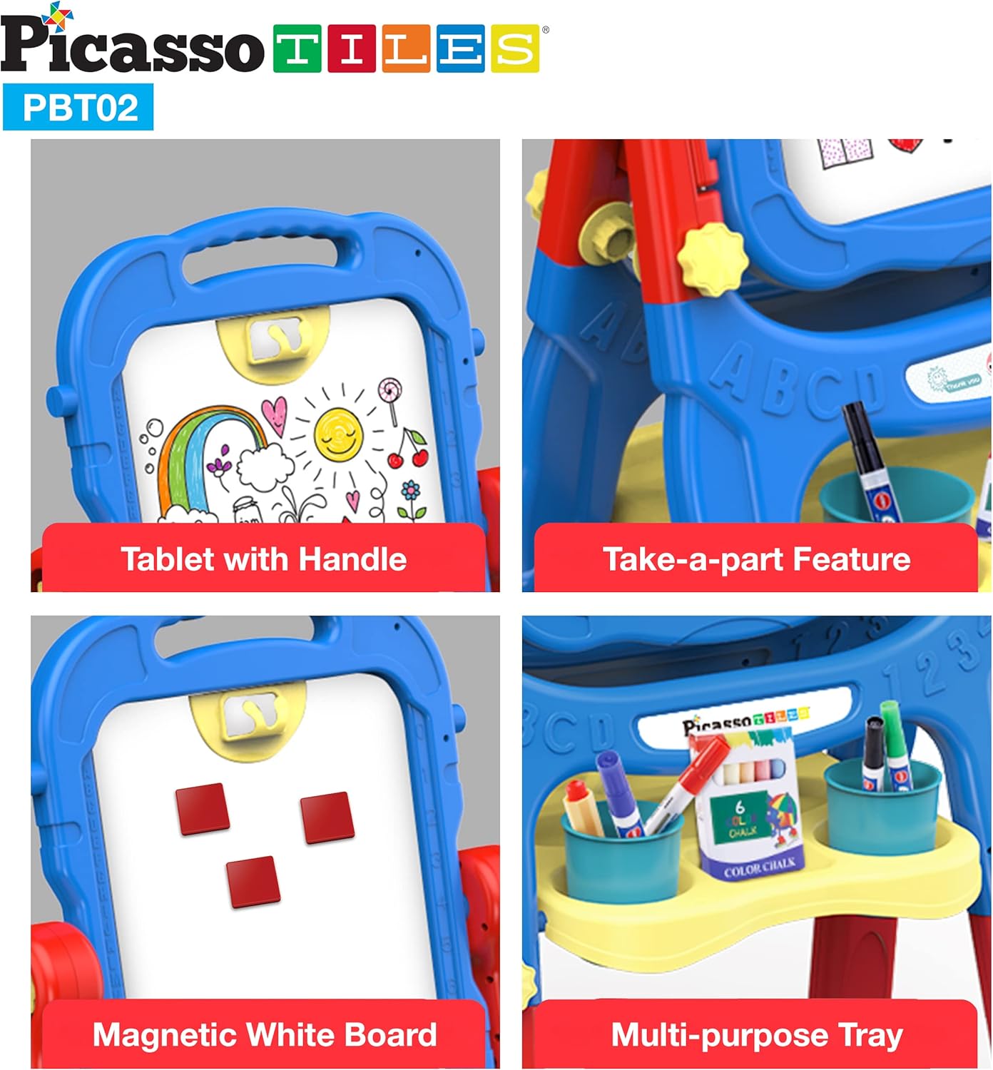 imagePicassoTiles Allinone Kids Art Easel Drawing Board Chalkboard ampamp Whiteboard with Art Accessories Toddler Toys Children Learning Tools  Gift for Age 3 to 8 Years Old Kids Boys Girls PBT02