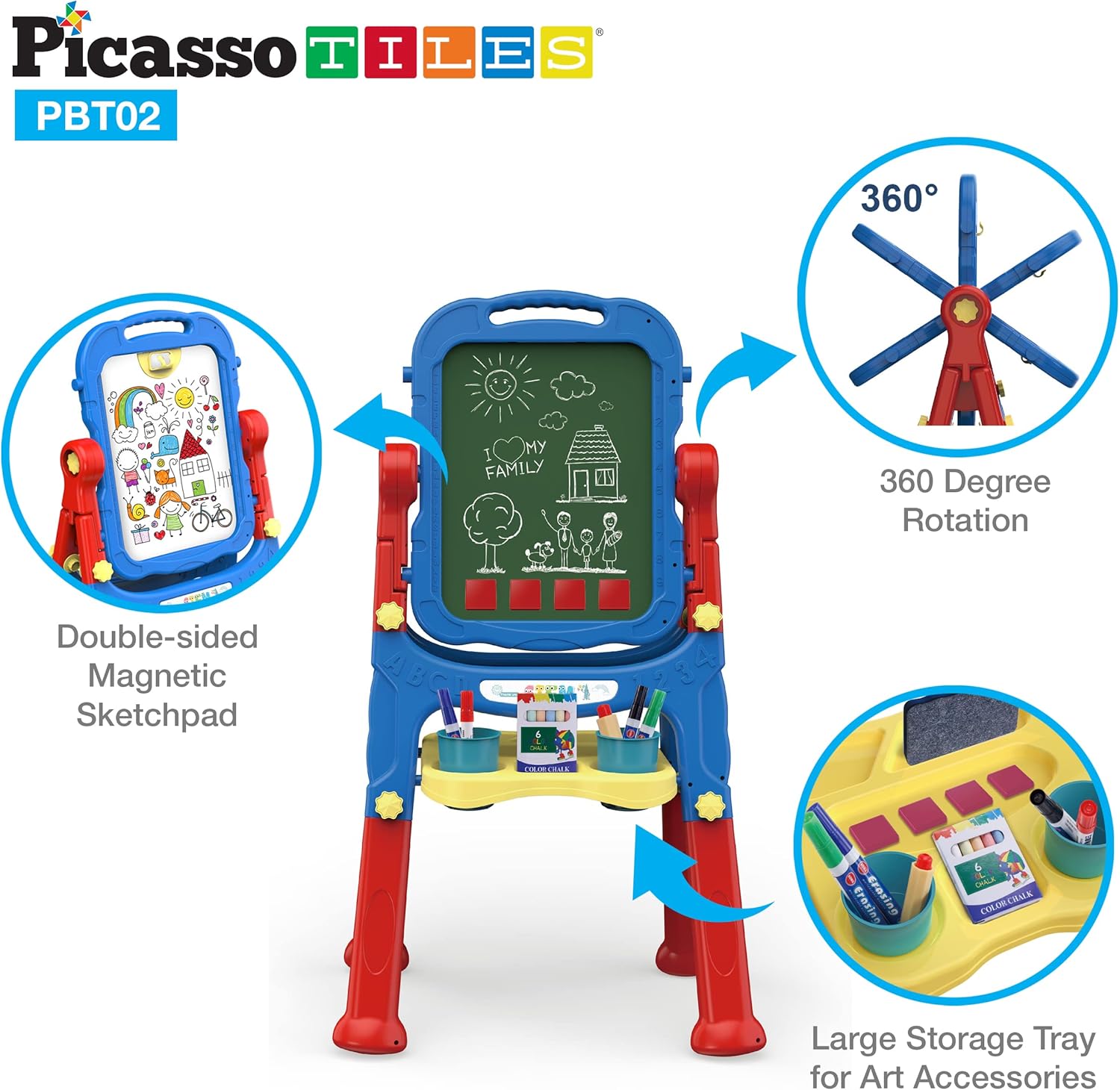 imagePicassoTiles Allinone Kids Art Easel Drawing Board Chalkboard ampamp Whiteboard with Art Accessories Toddler Toys Children Learning Tools  Gift for Age 3 to 8 Years Old Kids Boys Girls PBT02