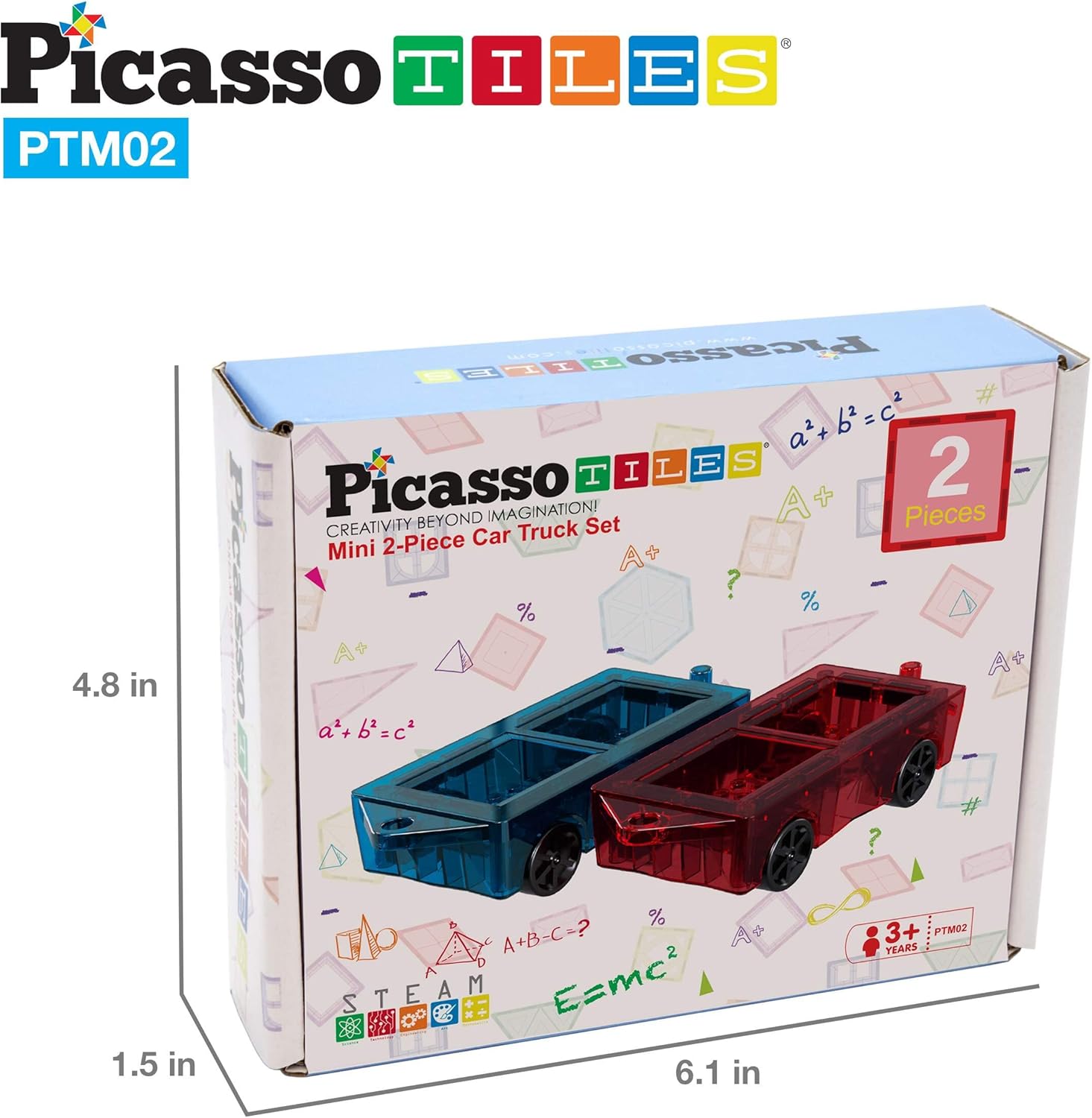 imagePicassoTiles Family Action Figures  2PC Magnetic Car Truck Set Expansion Pack Educational Addon STEM Learning Kit Toddler Construction Mini Magnet Tiles Building Blocks Addons Playset Development